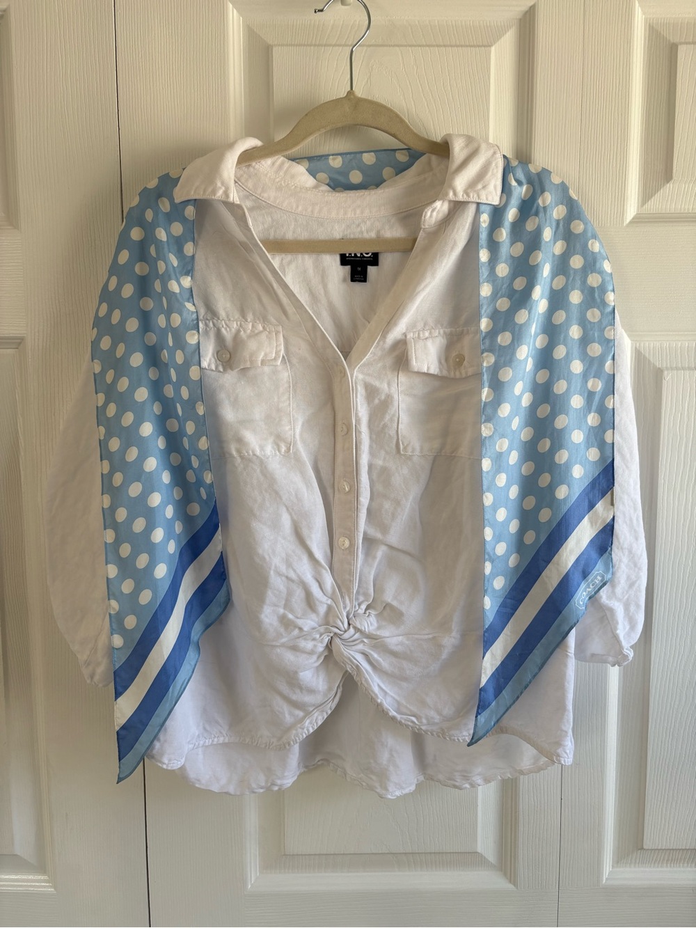 VNTG Coach Signature Skinny Polka Dot Scarf Silk Bag Hair Tie Light Blue White